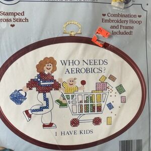 VTG Dimensions Cross Stitch Kit Who Needs Aerobics I have kids #7744 Stitchables